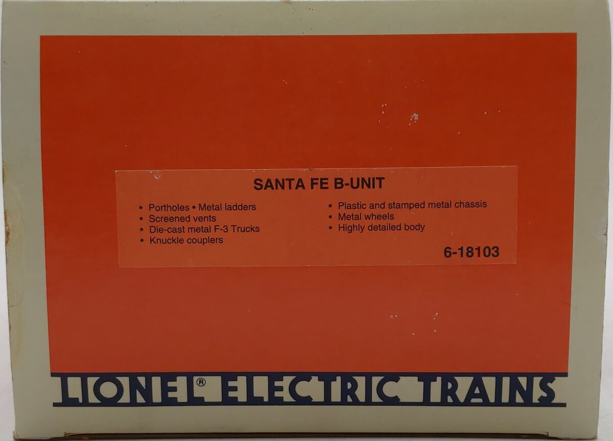Lionel 6-18103 O Gauge Santa Fe F-3 B Unit Dummy Diesel Locomotive #8103 EX/Box
