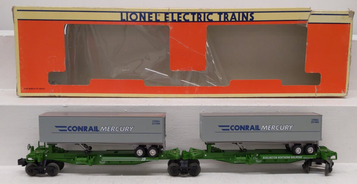 Lionel 6-52041 O Gauge LOTS 1994 Burlington Northern TTUX Flat Car with Trailers EX/Box