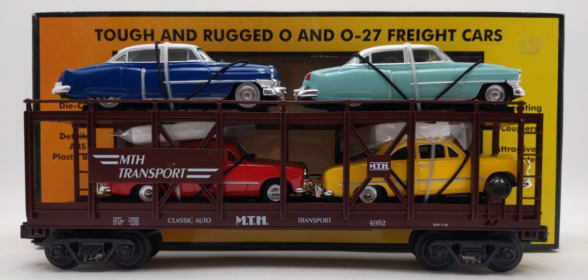 MTH 30-7628 O Gauge Auto Carrier Flatcar with 4 Ertl Cars #4952 EX/Box