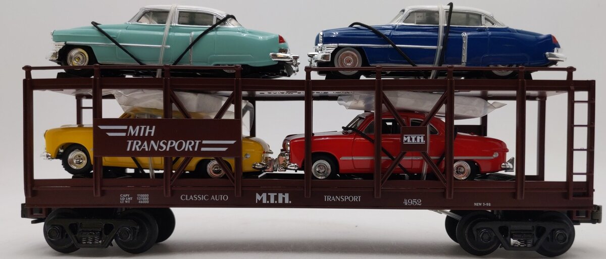 MTH 30-7628 O Gauge Auto Carrier Flatcar with 4 Ertl Cars #4952 EX/Box