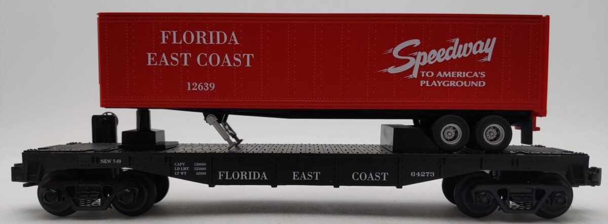 MTH 30-7627 O Gauge Florida East Coast Flatcarwith Trailer #64273 LN/Box