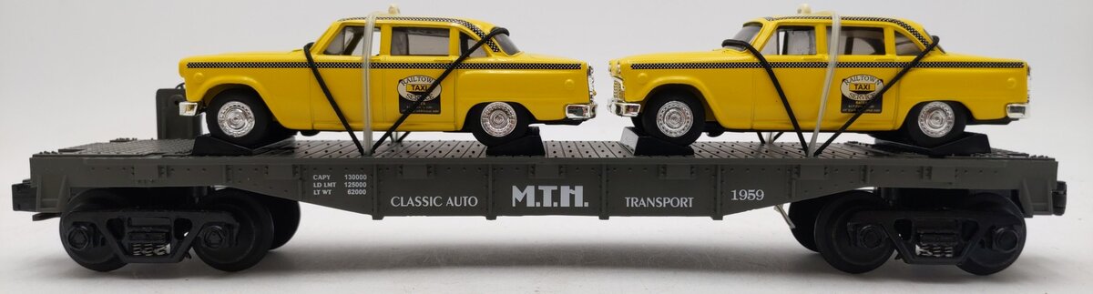 MTH 30-7625 O Gauge MTH Auto Transport Flatcar w/ Ertl Checker Cabs #1959 LN/Box