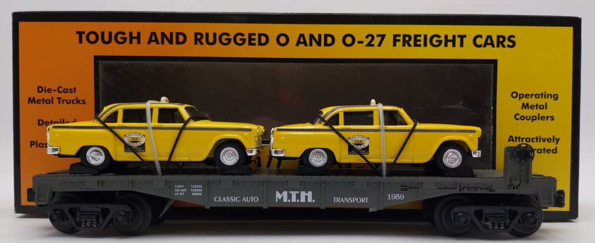 MTH 30-7625 O Gauge MTH Auto Transport Flatcar w/ Ertl Checker Cabs #1959 LN/Box