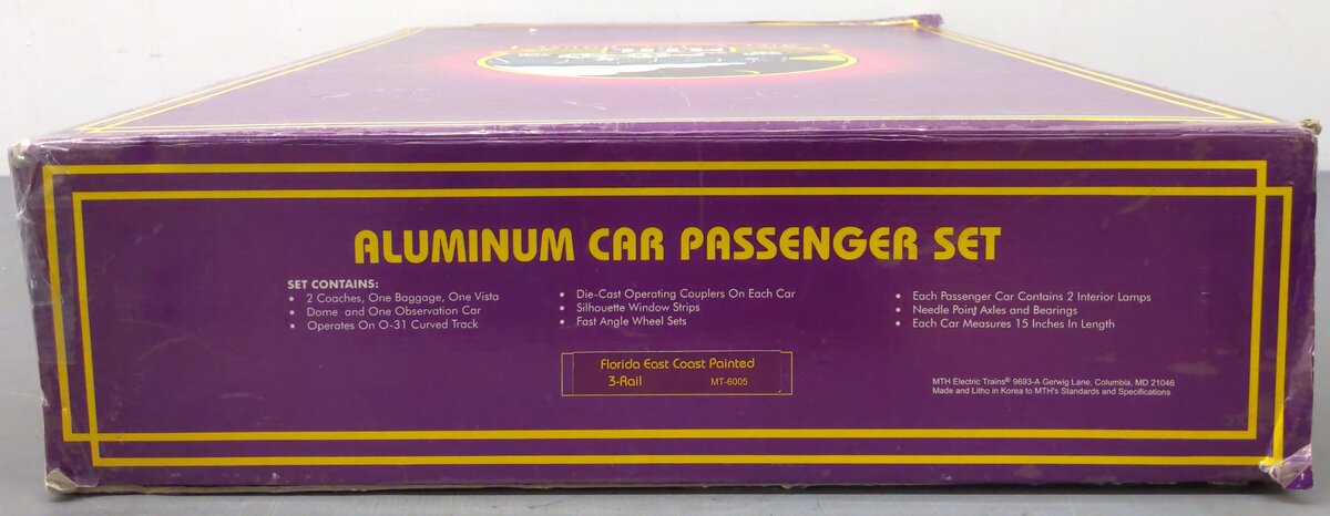 MTH 20-6005 O Florida East Coast 60' Aluminum Passenger Car Set (Set of 5) EX/Box
