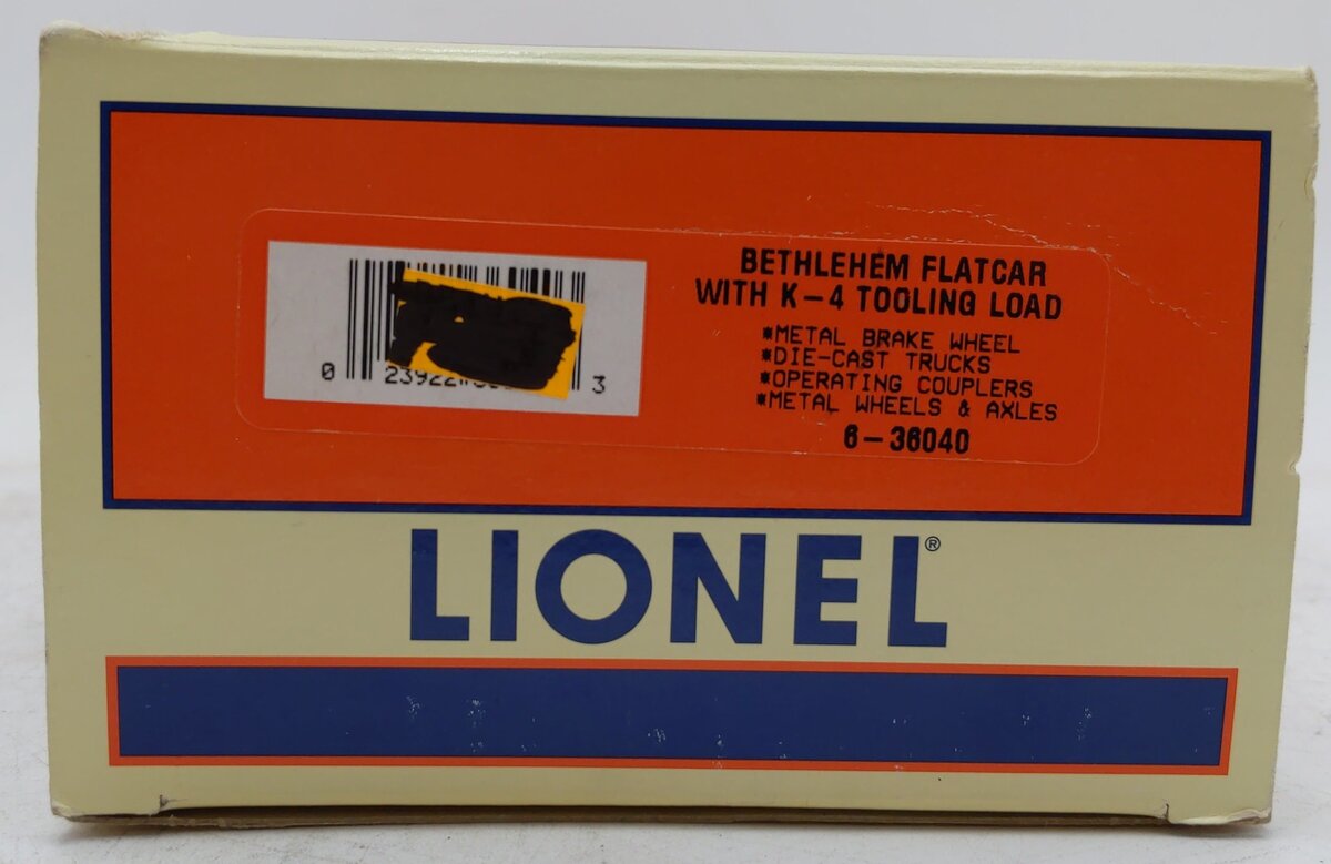 Lionel 6-36040 Bethlehem Flatcar with K-4 Tooling Load EX/Box