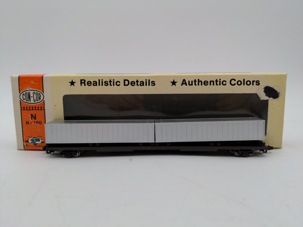 Con-Cor 0001-01207UN Undecorated 90FT Piggyback Flatcar w/ Two Sea Containers EX/Box