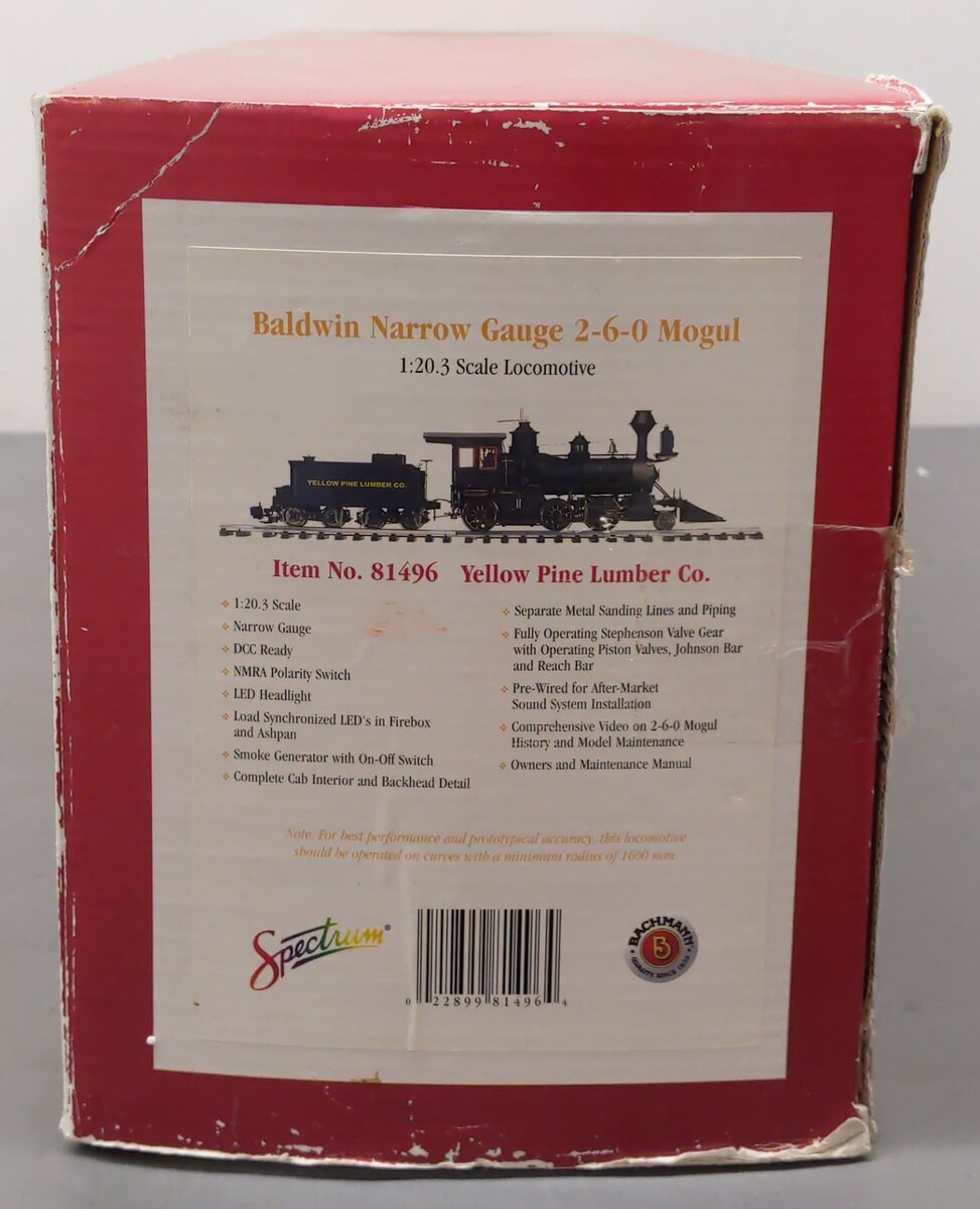 Bachmann 81496 G Scale Yellow Pine Lumber 2-6-0 Mogul Steam Locomotive EX/Box