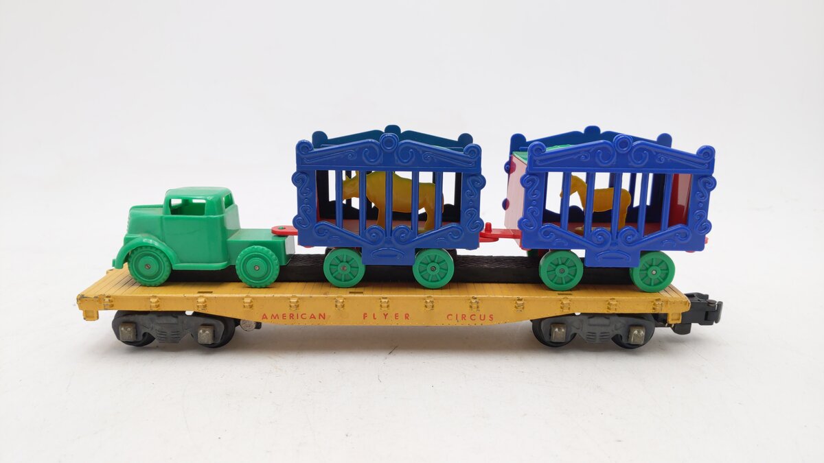 American Flyer 643 Vintage S Circus Flat Car w/ Cages & Truck Tractor VG