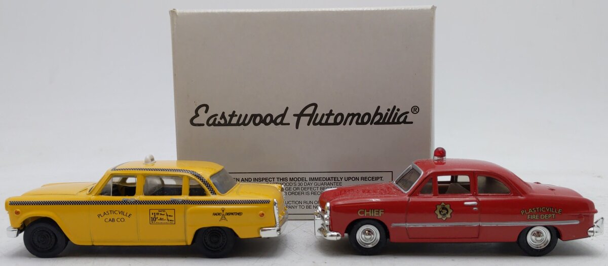 #H070 Eastwood Automobilia Pair of diecast Plastiville Taxi and Fire Chief EX/Box