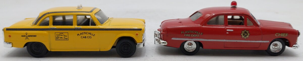 #H070 Eastwood Automobilia Pair of diecast Plastiville Taxi and Fire Chief EX/Box