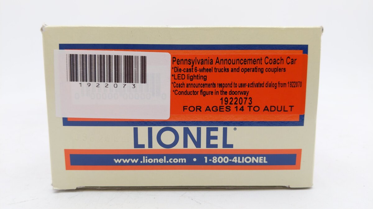 Lionel 1922073 O Pennsylvania Announcement Coach Car EX/Box