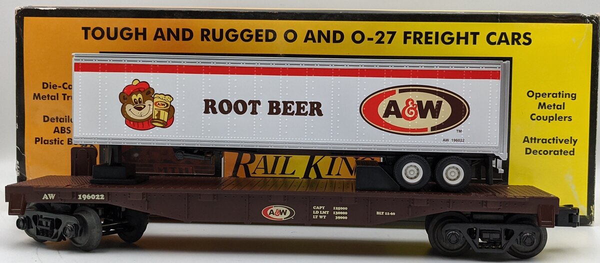 MTH 30-76373 A&W Rootbeer Flat Car w/Trailer MT/Box