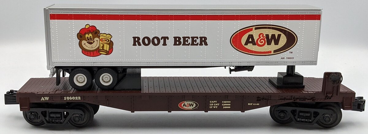 MTH 30-76373 A&W Rootbeer Flat Car w/Trailer MT/Box