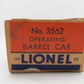 Lionel 3562-25 Vintage O Gray AT&SF Operating Barrel Car with Blue Letters VG/Box