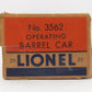 Lionel 3562-25 Vintage O Gray AT&SF Operating Barrel Car with Blue Letters VG/Box