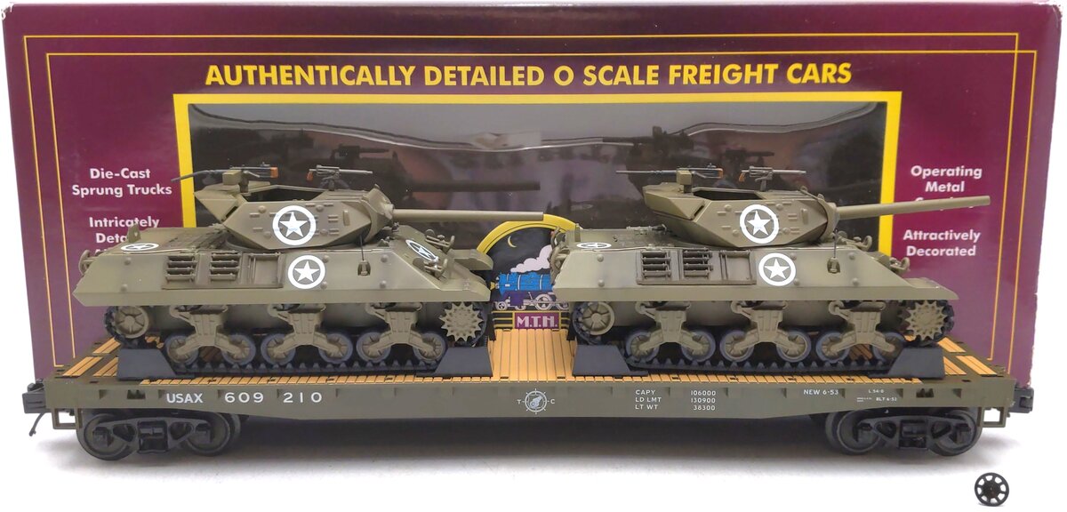 MTH 20-95326 O Gauge US Army Flatcar  with M10 Wolverine Tanks #609210 NIB