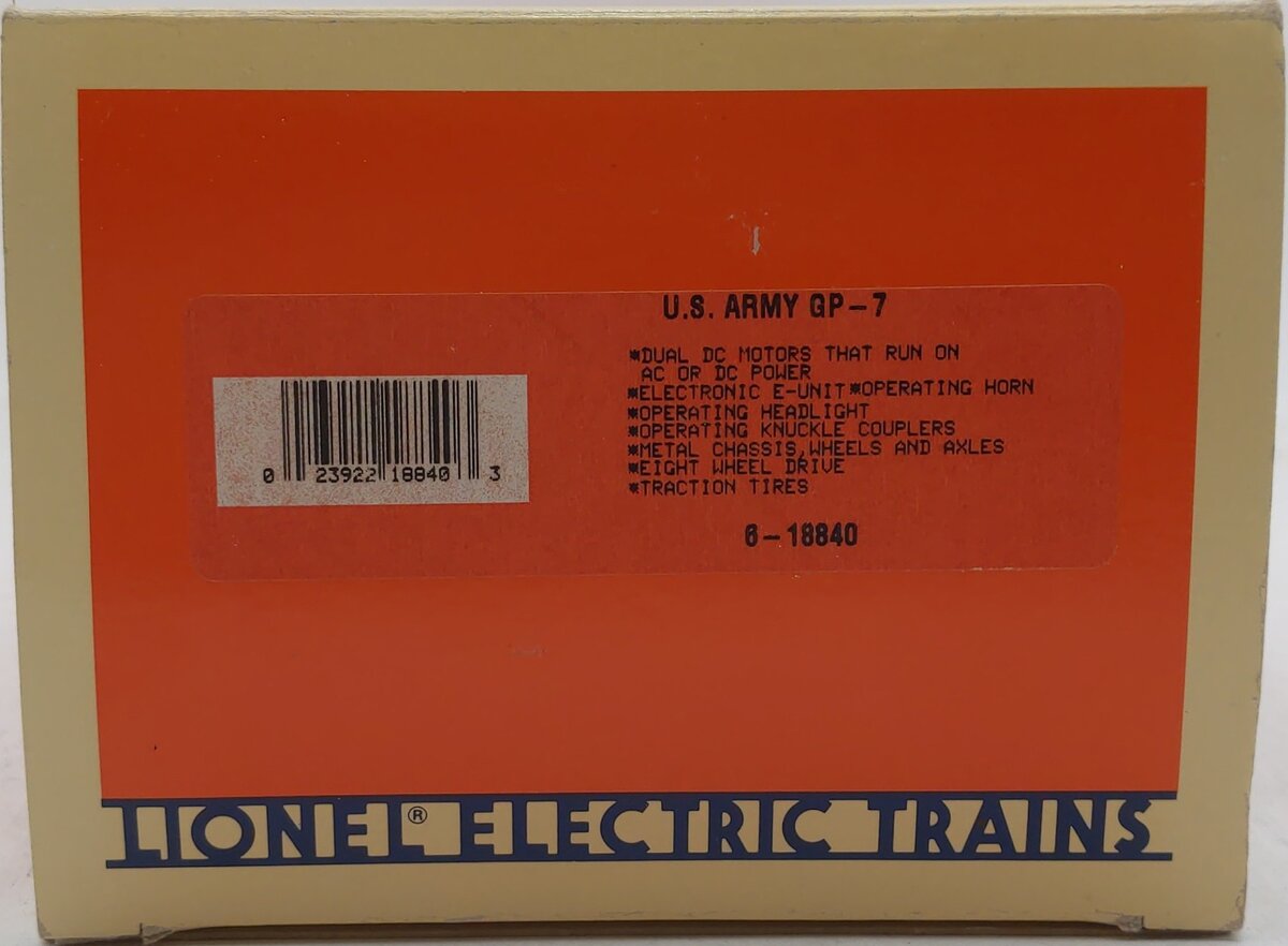 Lionel 6-18840 O Gauge U.S. Army GP-7 Diesel Locomotive #1821 VG/Box