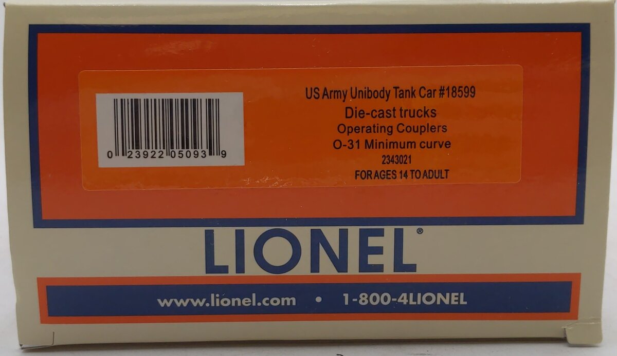 Lionel 2343021 O US Army Unibody Tank Car #18599 NIB