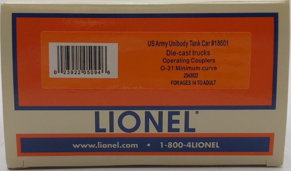 Lionel 2343022 O US Army Unibody Tank Car #18601 LN/Box