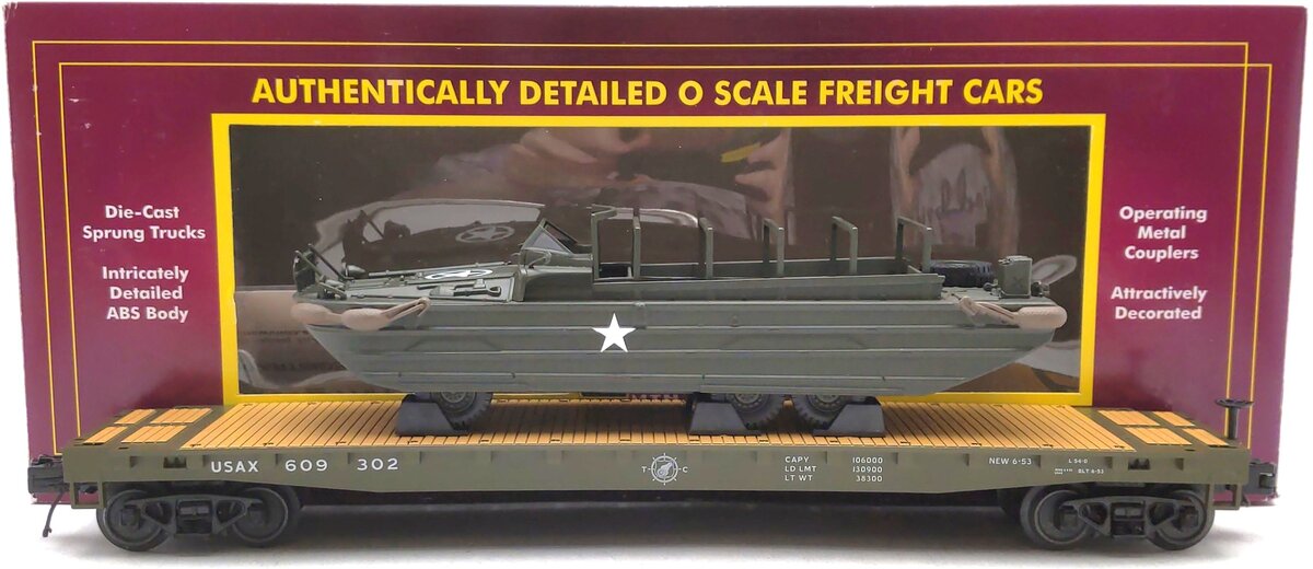 MTH 20-95400 O U.S. Army Premier Flatcar with GMC DUKW 353 #609300 LN/Box