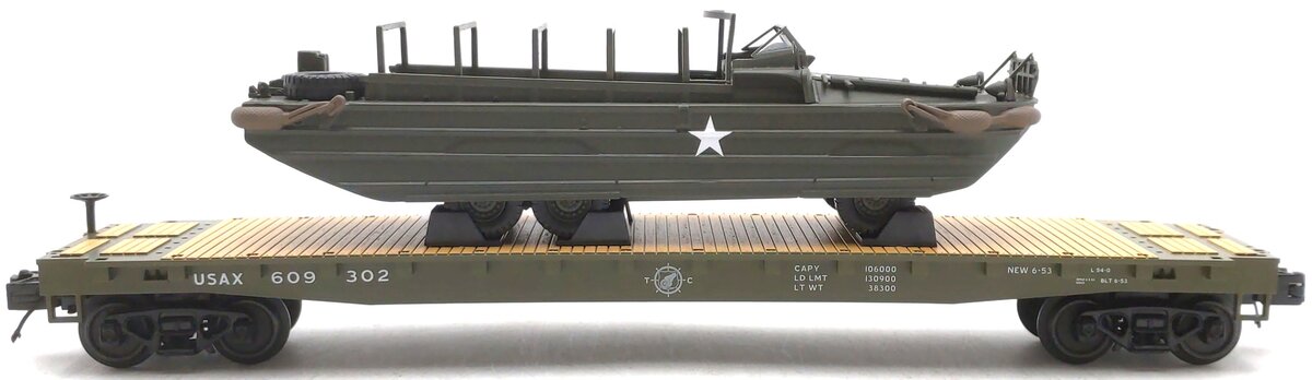 MTH 20-95400 O U.S. Army Premier Flatcar with GMC DUKW 353 #609300 LN/Box