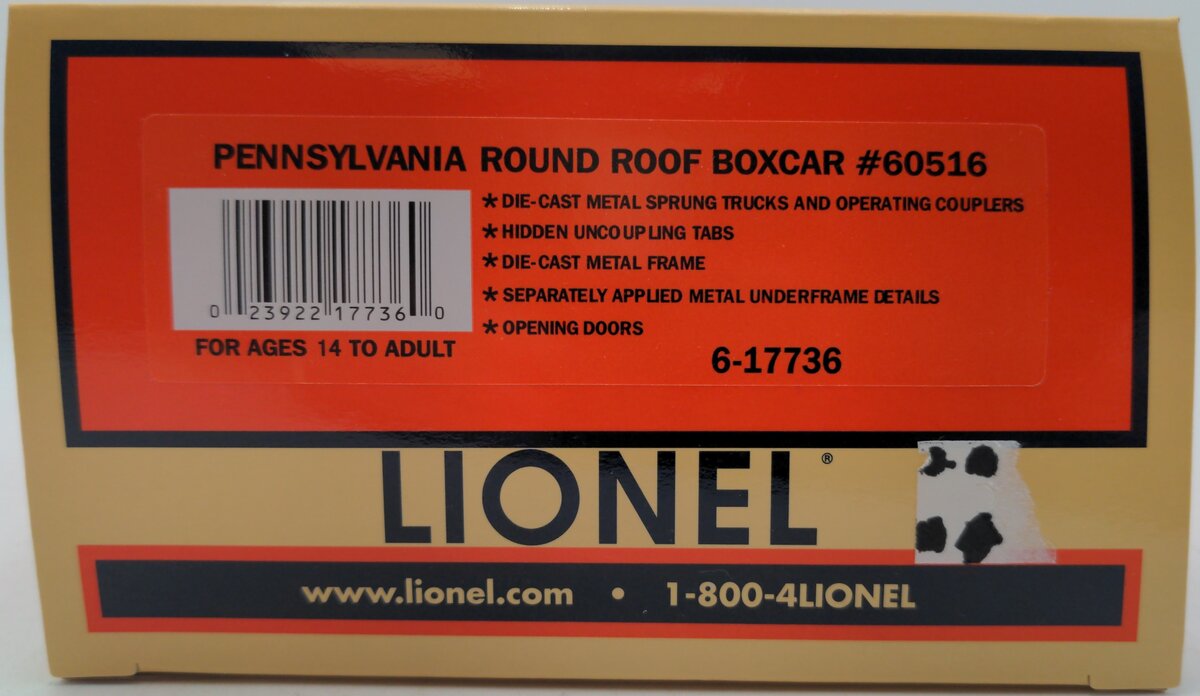 Lionel 6-17736 O Gauge Pennsylvania Railroad Round Roof Boxcar #60516 EX/Box