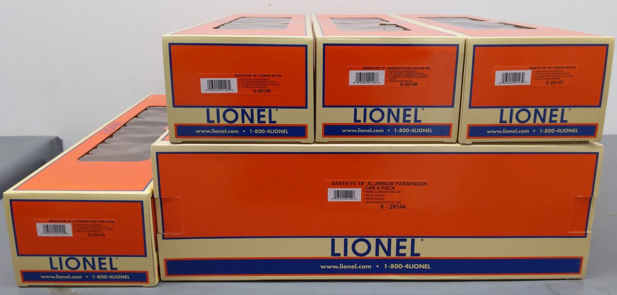 Lionel 6-29144 O Gauge Santa Fe 4-Car Aluminum Passenger Set LN/Box