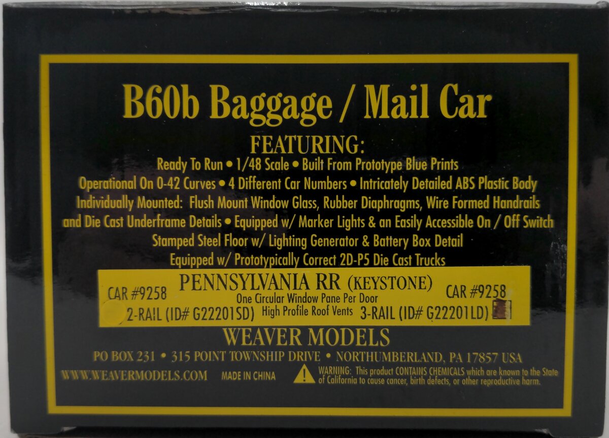 Weaver G22201LD Pennsylvania RR Keystone B60b Baggage/Mail Car (3 Rail) EX/Box