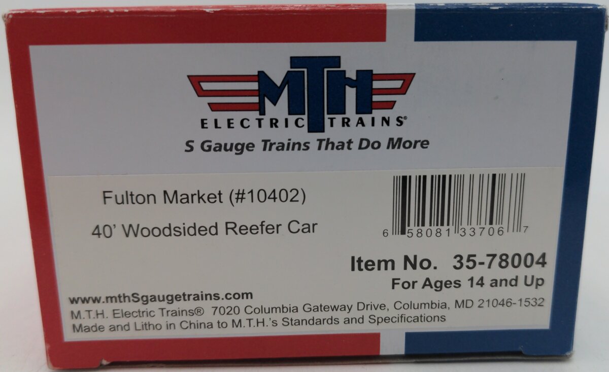 MTH 35-78004 S Gauge URTX Fulton Market 40’ Woodsided Reefer Car #10402 LN/Box