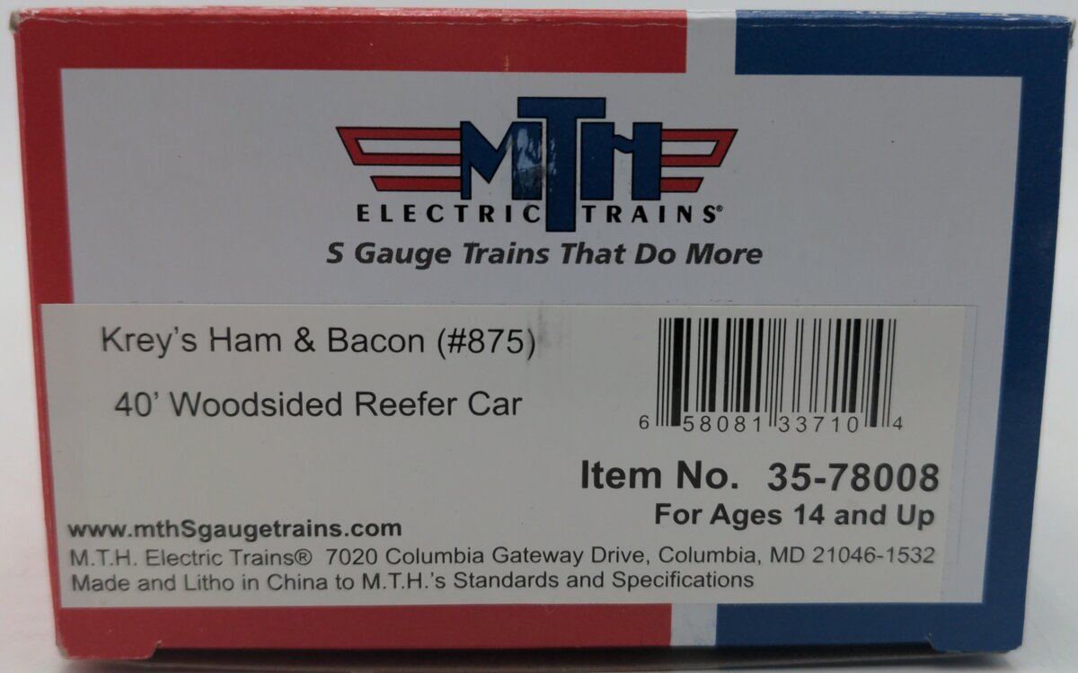 MTH 35-78008 S Scale Krey's Ham & Bacon 40' Woodside Reefer #875 LN/Box