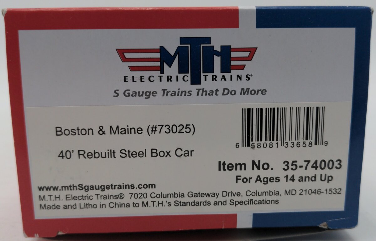 MTH 35-74003 S Gauge Boston & Maine 40' Rebuilt Steel Box Car #73025 LN/Box