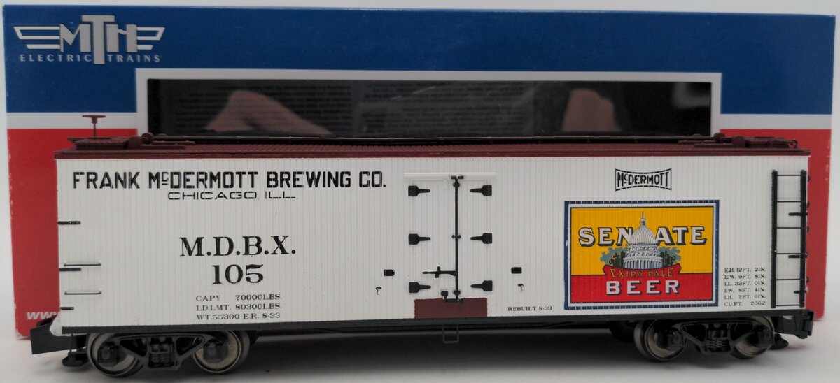 MTH 35-78016 S Gauge Senate Beer 40' Woodsided Reefer Car #105