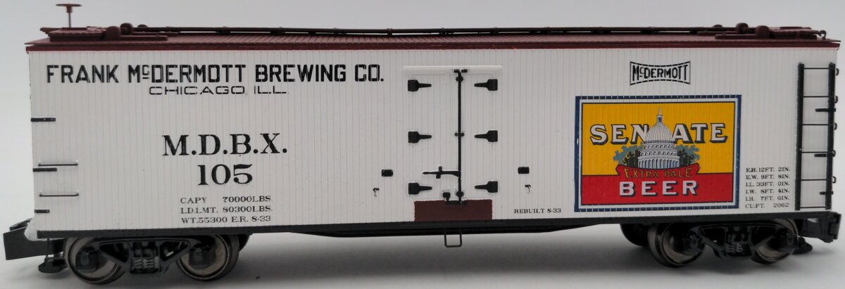 MTH 35-78016 S Gauge Senate Beer 40' Woodsided Reefer Car #105 LN/Box
