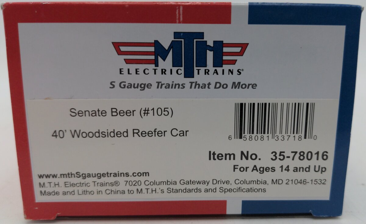 MTH 35-78016 S Gauge Senate Beer 40' Woodsided Reefer Car #105 LN/Box
