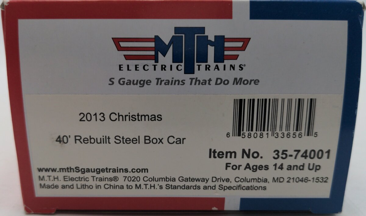MTH 35-74001 S Gauge 2013 Christmas 40' Rebuilt Steel Box Car EX/Box