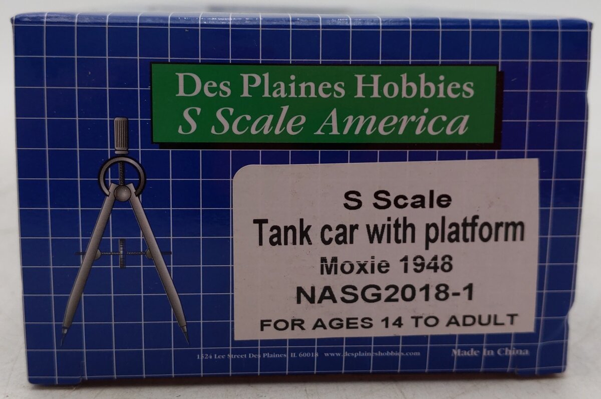 Des Plaines Hobbies NASG 2018-1 S Scale Moxie Tank Car with Platform #1948 EX/Box