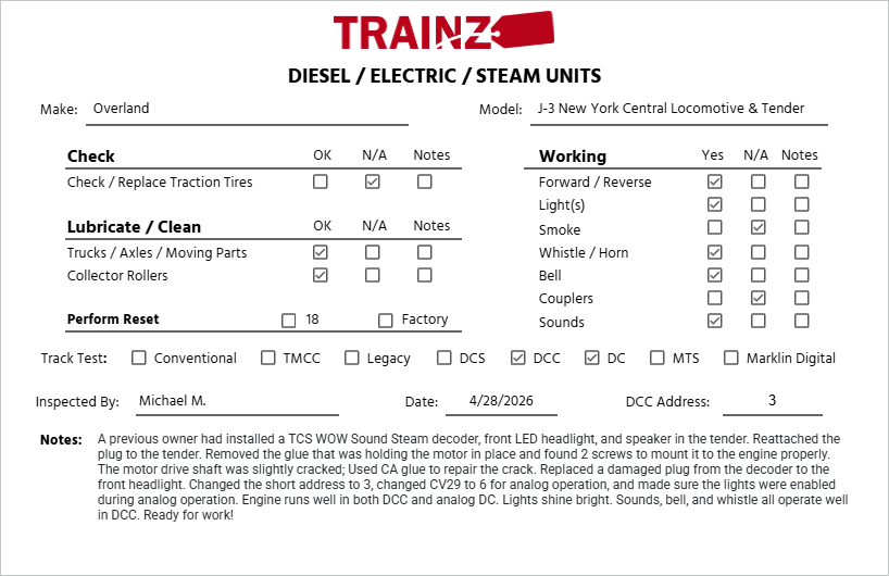 Overland OMI-1707 J-3 S Scale Brass New York Central Locomotive & Tender EX/Box
