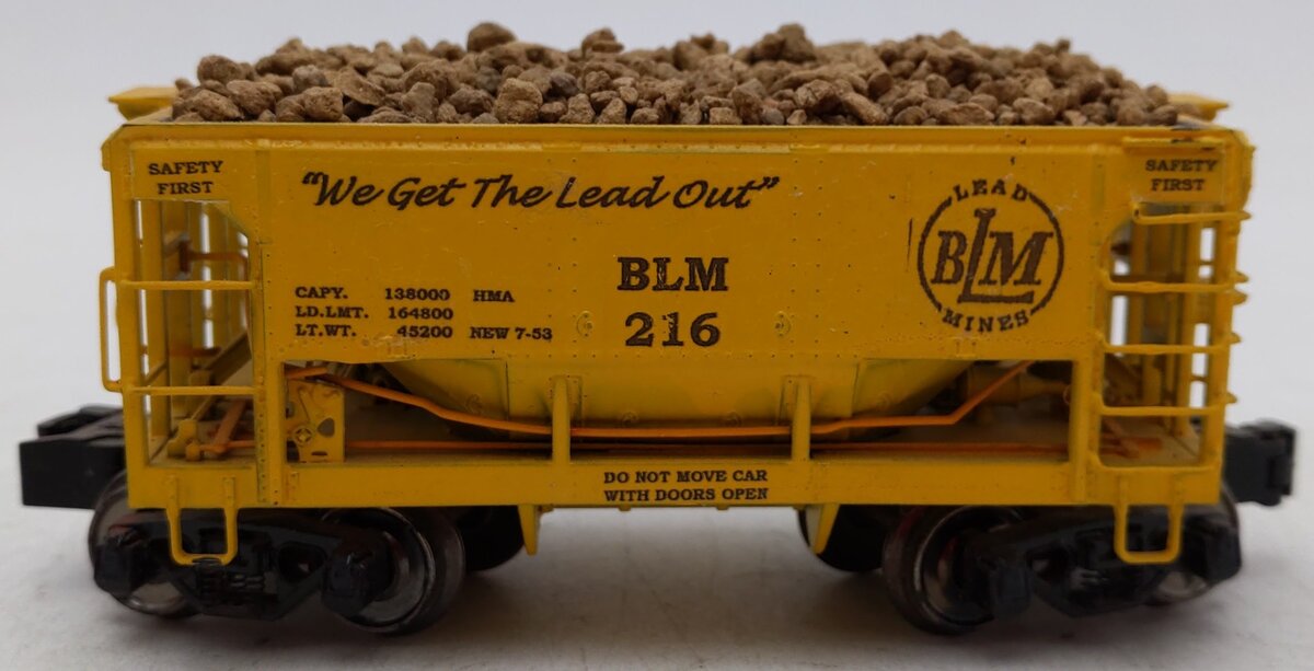 MTH 35-70014E S Gauge BLM Lead Mines Open Hopper Car #216 w/ Rock Load