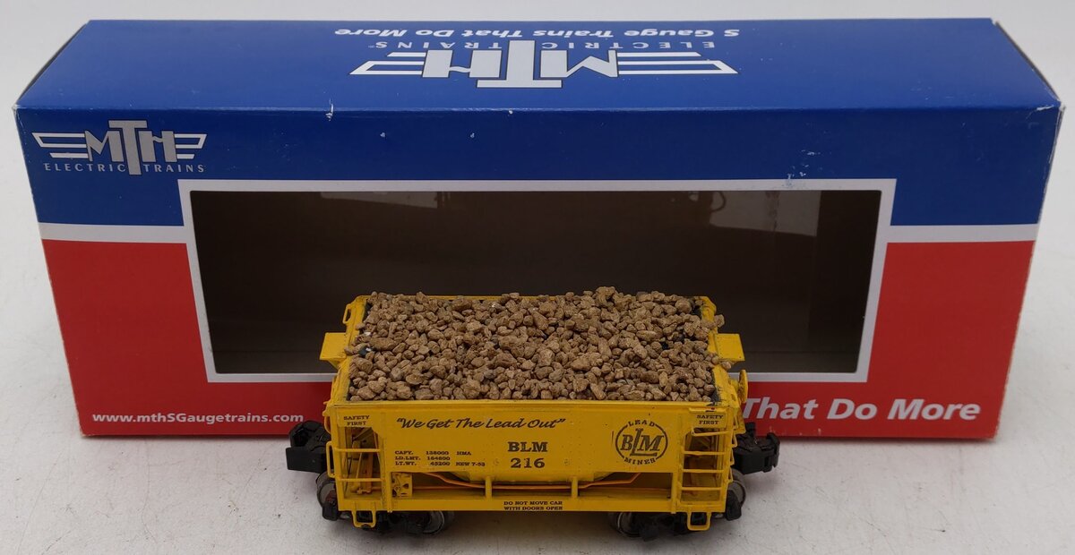 MTH 35-70014E S Gauge BLM Lead Mines Open Hopper Car #216 w/ Rock Load