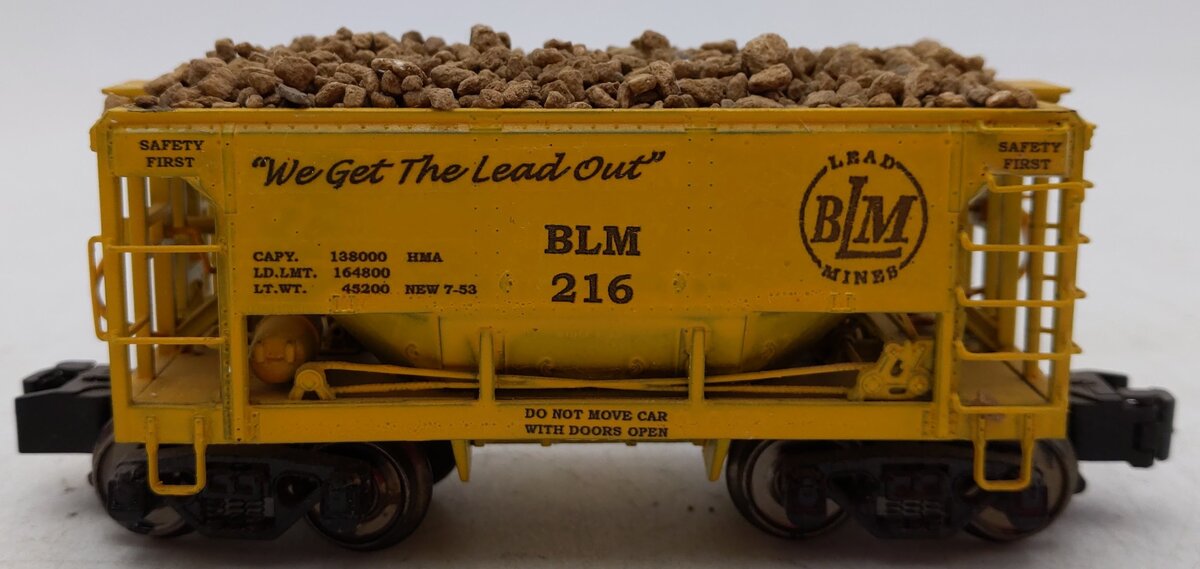 MTH 35-70014E S Gauge BLM Lead Mines Open Hopper Car #216 w/ Rock Load