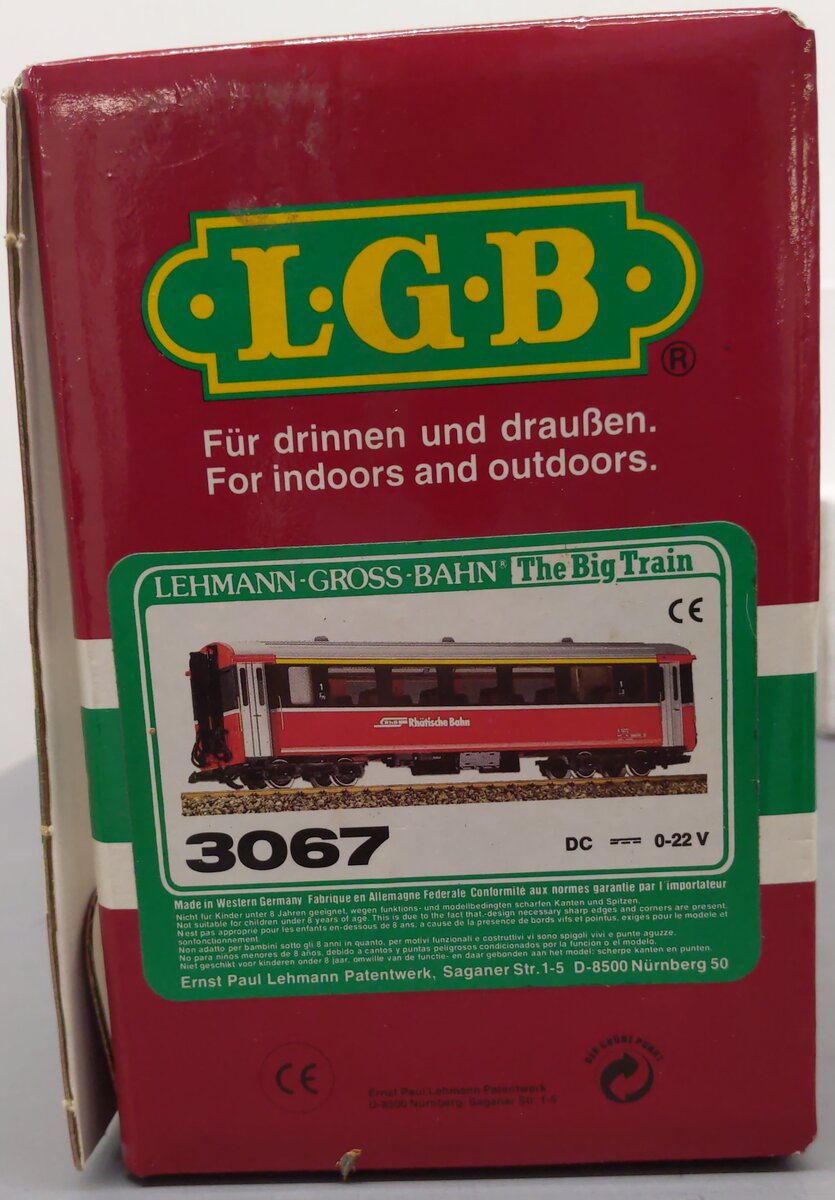 LGB 3067 G Scale Swiss 1st Class Rhatische Bahn Passenger Car-Metal Wheels EX/Box