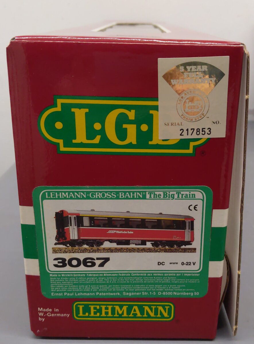 LGB 3067 G Scale Swiss 1st Class Rhatische Bahn Passenger Car (Metal Wheels) EX/Box