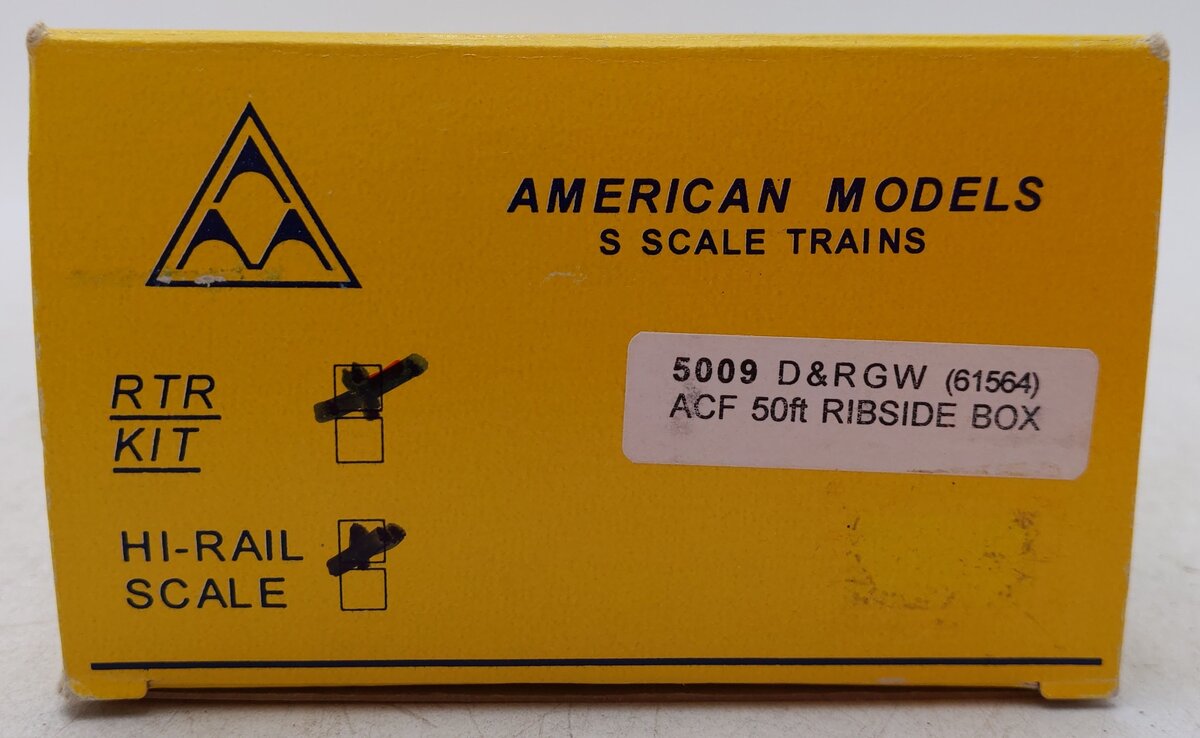 American Models 5009 S Gauge D&RGW ACF 50ft Rib-Sided Boxcar #61564 (Hi-Rail) EX/Box