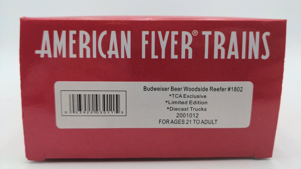 American Flyer 2001012 S TCA Budweiser Beer Woodside Reefer #1802 EX/Box