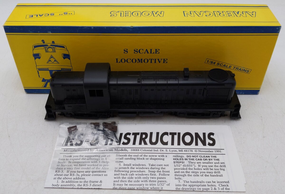 American Models RS-3 S Gauge Undecorated Black Diesel Locomotive EX/Box