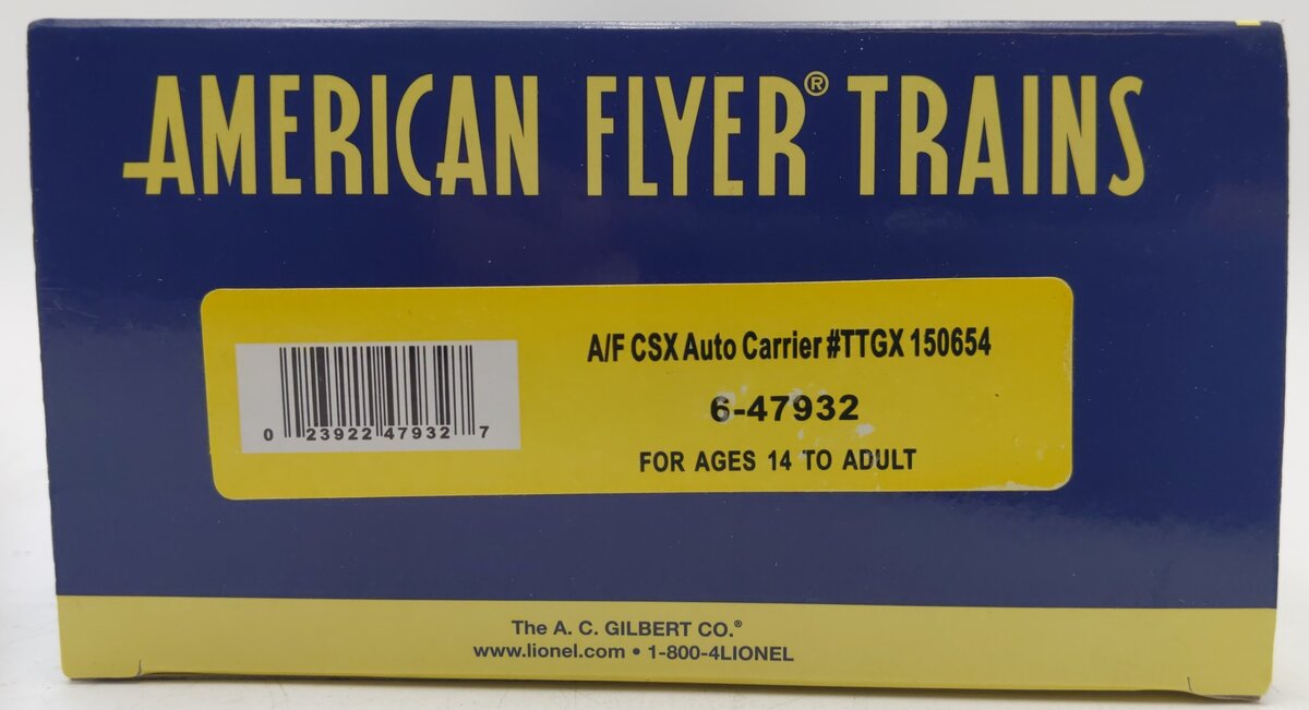 American Flyer 6-47932 S CSX Auto Carrier #TTGX 150654 LN/Box
