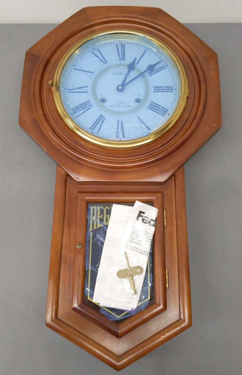 Waltham 31-Day Chime Schoolhouse Wood Regulator Wall Clock with Pendulum And Key EX