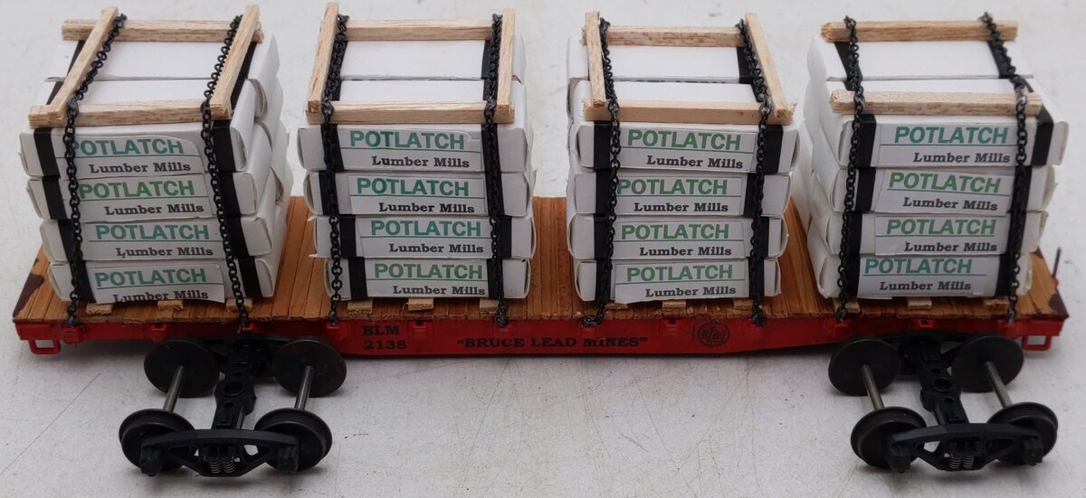 S-Helper S Gauge Custom Painted Bruce Lead Mines Flatcar #2138 w/ Lumber Load/Box