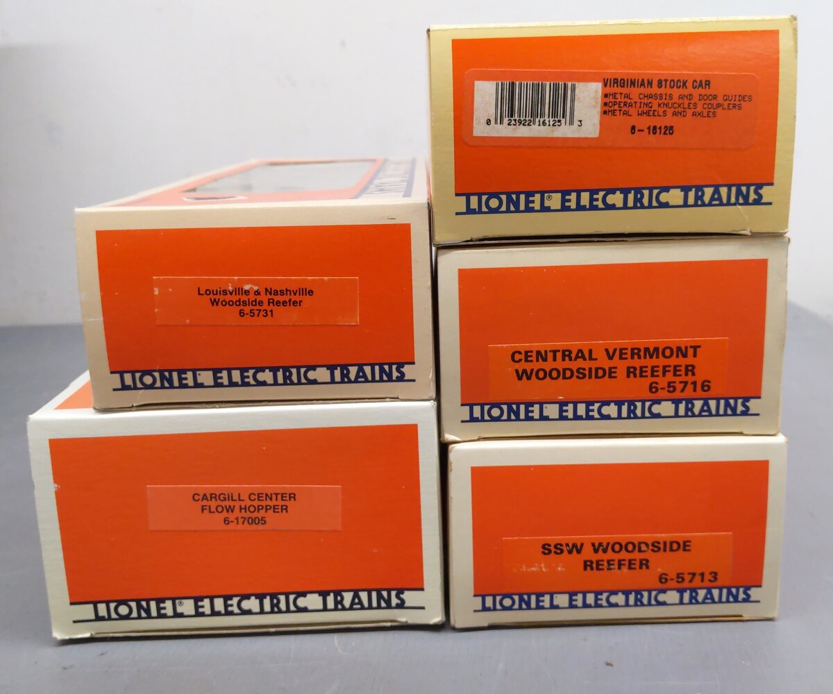 Lionel O Assorted Freight Cars 6-17005, 6-16125, 6-5716, 6-5713 6-5731 [5] EX/Box