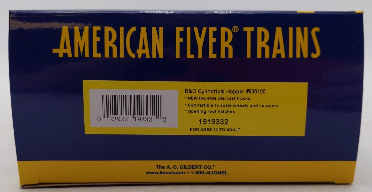 American Flyer 1919332 S Gauge Baltimore & Ohio Cylindrical Hopper #836196 EX/Box